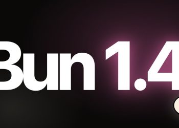 Official Bun announcement card for version 1.4: the words Bun 1.4 in large white type on a black background with a soft pink glow, and the Bun mascot, a smiling steamed bun, in the lower right corner.