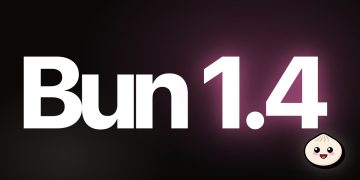 Official Bun announcement card for version 1.4: the words Bun 1.4 in large white type on a black background with a soft pink glow, and the Bun mascot, a smiling steamed bun, in the lower right corner.