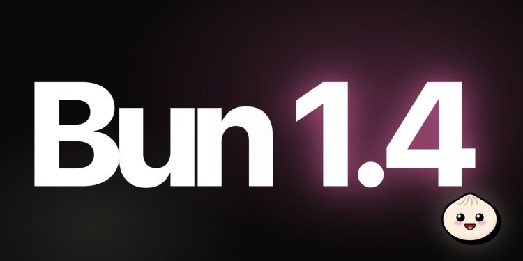 Official Bun announcement card for version 1.4: the words Bun 1.4 in large white type on a black background with a soft pink glow, and the Bun mascot, a smiling steamed bun, in the lower right corner.