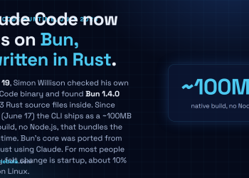 Answer card: Claude Code now runs on Bun 1.4.0 rewritten in Rust, shipping since version 2.1.181 as a roughly 100MB native binary with no Node.js, with startup about 10 percent faster on Linux.