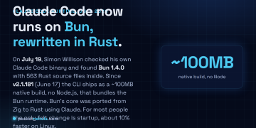 Answer card: Claude Code now runs on Bun 1.4.0 rewritten in Rust, shipping since version 2.1.181 as a roughly 100MB native binary with no Node.js, with startup about 10 percent faster on Linux.