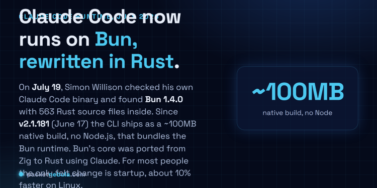 Answer card: Claude Code now runs on Bun 1.4.0 rewritten in Rust, shipping since version 2.1.181 as a roughly 100MB native binary with no Node.js, with startup about 10 percent faster on Linux.