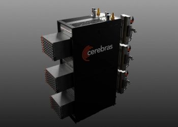 Product render of the Cerebras CS-4 rack on a grey studio background, a black cabinet with the Cerebras logo and three horizontal Wafer-Scale Backpack modules slid partway out of the left side, each showing dense rows of orange-tipped connectors, with power and liquid cooling hardware on the right.
