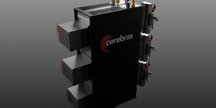 Product render of the Cerebras CS-4 rack on a grey studio background, a black cabinet with the Cerebras logo and three horizontal Wafer-Scale Backpack modules slid partway out of the left side, each showing dense rows of orange-tipped connectors, with power and liquid cooling hardware on the right.