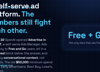 Answer card: on July 22, 2026 OpenAI opened a self-serve Ads Manager for ChatGPT, with ads shown only to Free and Go users in a Sponsored block below the answer, targeting conversational context, and the old $50,000 minimum spend removed.