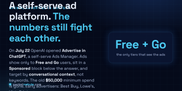 Answer card: on July 22, 2026 OpenAI opened a self-serve Ads Manager for ChatGPT, with ads shown only to Free and Go users in a Sponsored block below the answer, targeting conversational context, and the old $50,000 minimum spend removed.