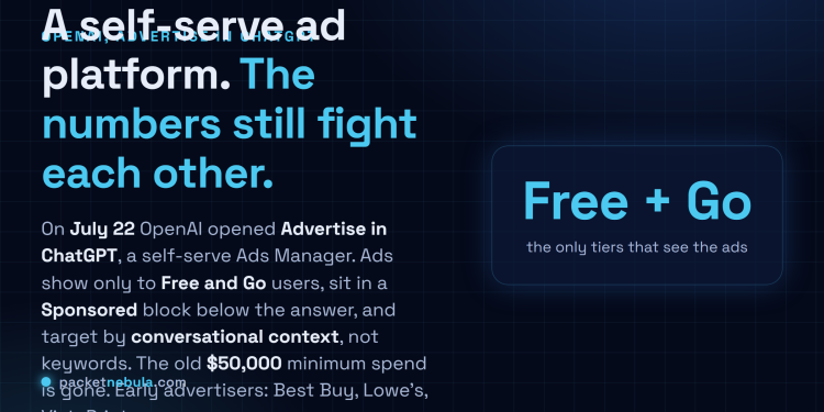 Answer card: on July 22, 2026 OpenAI opened a self-serve Ads Manager for ChatGPT, with ads shown only to Free and Go users in a Sponsored block below the answer, targeting conversational context, and the old $50,000 minimum spend removed.
