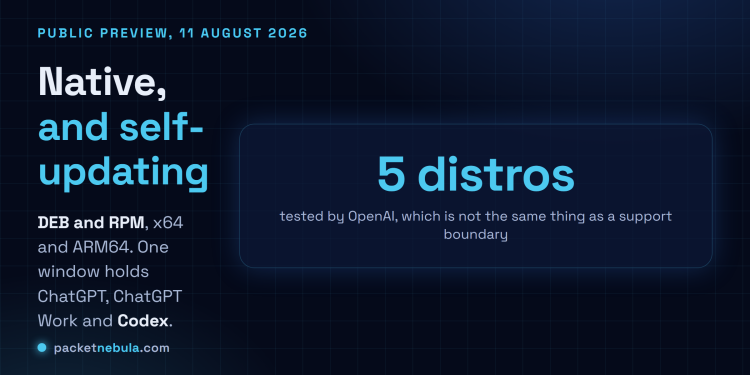 Answer card summarising the ChatGPT desktop app for Linux public preview of 11 August 2026: DEB and RPM packages for x64 and ARM64, five tested distributions, and one window holding ChatGPT, ChatGPT Work and Codex.