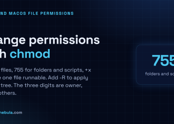 Answer card: chmod 644 for files, chmod 755 for scripts and folders, chmod +x to make a file executable, chmod -R to apply down a tree.