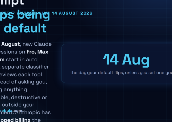 Answer card: from 14 August 2026 auto mode becomes the default permission mode for new Claude Code sessions on Pro, Max and Team plans, replacing the per action approval prompt with a separate classifier model, with the classifier overhead no longer billed on those three plans while Enterprise and API accounts keep paying.