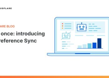 Cloudflare blog announcement card for Bot Preference Sync, showing the Cloudflare cloud logo and the headline Say it once, introducing Bot Preference Sync, beside a line drawing of a laptop displaying a dashboard with a robot icon, a crossed out robot icon and a rising bar chart.