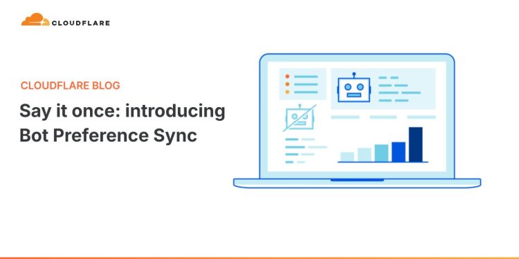 Cloudflare blog announcement card for Bot Preference Sync, showing the Cloudflare cloud logo and the headline Say it once, introducing Bot Preference Sync, beside a line drawing of a laptop displaying a dashboard with a robot icon, a crossed out robot icon and a rising bar chart.