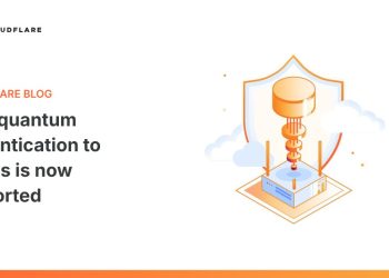 The official Cloudflare blog card for the announcement, titled Post-quantum authentication to origins is now supported, with an isometric illustration of a server under a shield.