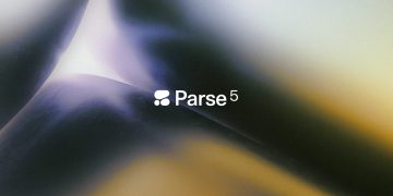 Official Cohere key art for the Parse 5 launch: the Cohere mark and the wordmark Parse with a superscript 5 in white, centred on a soft out of focus gradient of deep blue, violet and amber curves.