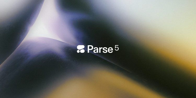 Official Cohere key art for the Parse 5 launch: the Cohere mark and the wordmark Parse with a superscript 5 in white, centred on a soft out of focus gradient of deep blue, violet and amber curves.