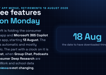 Answer card: Microsoft began merging the consumer Copilot app and Microsoft 365 Copilot into a single application on 13 August 2026, with mobile and web worldwide in mid August and Windows and Mac in mid September, and retires Copilot Group Chat, Podcasts and consumer Deep Research on 18 August 2026 while leaving work and school data boundaries unchanged.