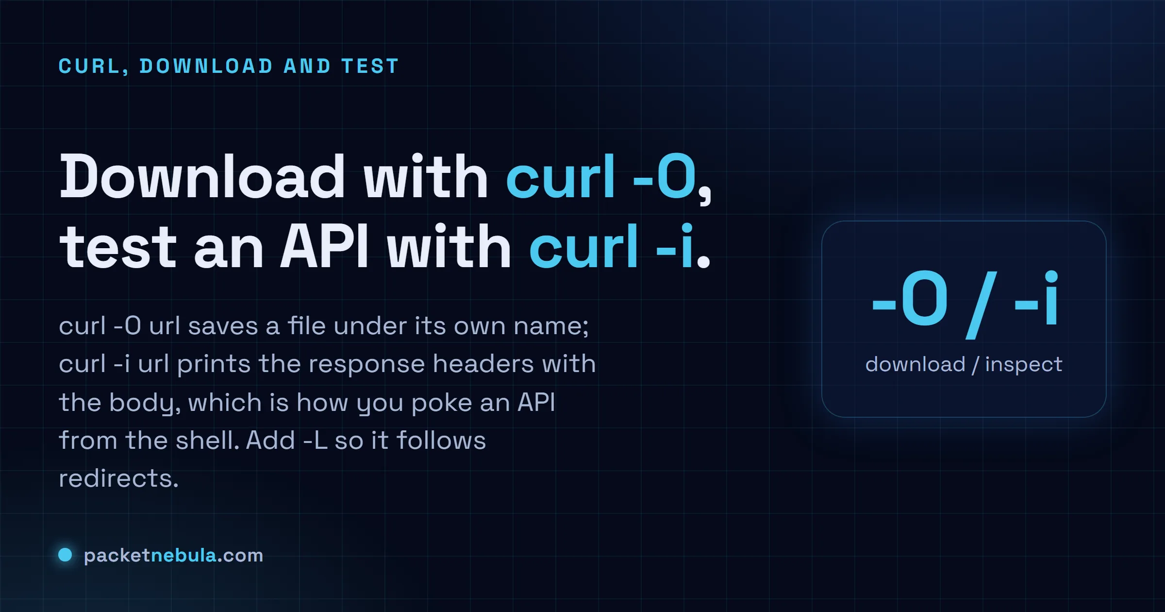 Answer card showing curl -O to download a file and curl -i to test an API response.