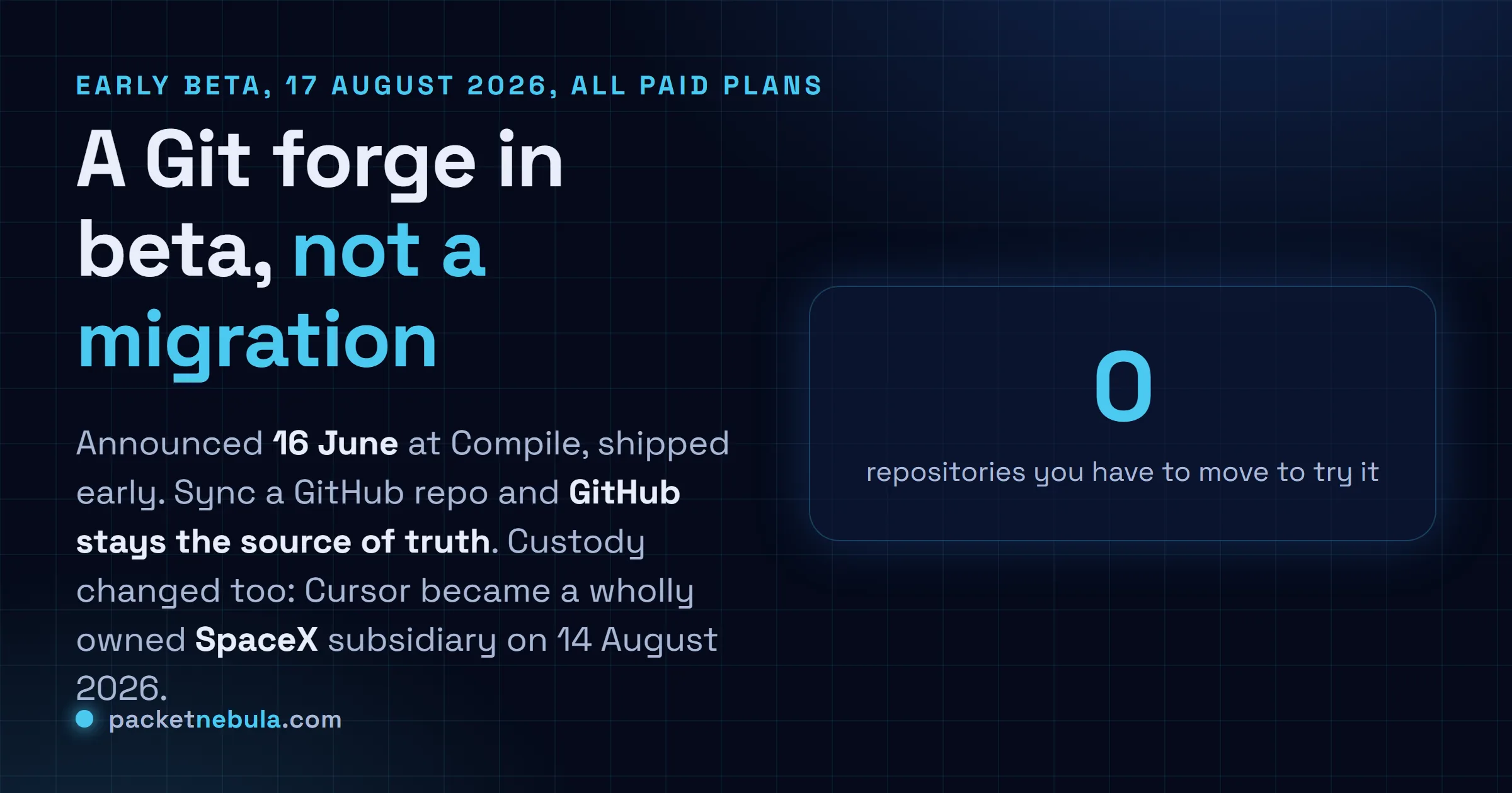 Answer card: Cursor Origin reached early beta on all paid plans on 17 August 2026, having been announced on 16 June 2026 at the Compile conference, with GitHub remaining the source of truth for any repository you sync, and Cursor becoming a wholly owned SpaceX subsidiary on 14 August 2026.