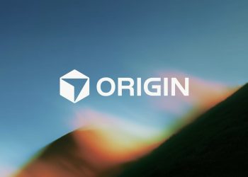 Official Cursor key art for Origin, showing the Origin cube mark and wordmark over a blurred hillside at dusk, from the Origin product page.