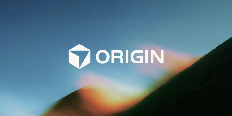 Official Cursor key art for Origin, showing the Origin cube mark and wordmark over a blurred hillside at dusk, from the Origin product page.