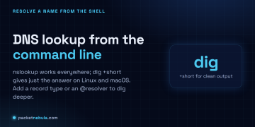 Answer card: nslookup on any OS, dig on Linux and macOS, dig +short for just the answer, and @8.8.8.8 to query a specific resolver.