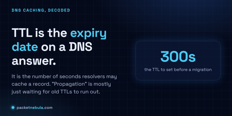 Answer card: DNS TTL is the expiry date on a DNS answer, the seconds a resolver may cache it; propagation is mostly waiting for old TTLs to run out.