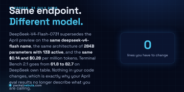 Answer card: DeepSeek-V4-Flash-0731 replaced the April preview weights behind the same deepseek-v4-flash endpoint on 31 July 2026, keeping the same 284B parameter architecture with 13B active and the same $0.14 and $0.28 per million token pricing, while Terminal Bench 2.1 rose from 61.8 to 82.7.