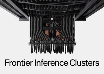 Etched announcement image showing the underside of one of its liquid-cooled inference racks, dense with black coolant hoses and copper cold plates, captioned Frontier Inference Clusters.