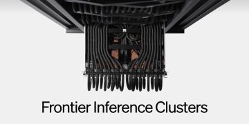 Etched announcement image showing the underside of one of its liquid-cooled inference racks, dense with black coolant hoses and copper cold plates, captioned Frontier Inference Clusters.