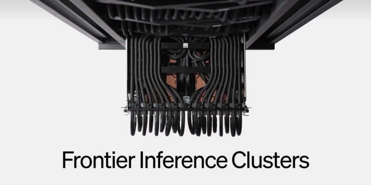 Etched announcement image showing the underside of one of its liquid-cooled inference racks, dense with black coolant hoses and copper cold plates, captioned Frontier Inference Clusters.
