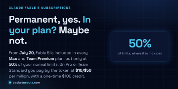 Answer card: from July 20, 2026 Claude Fable 5 is included in every Max and Team Premium plan at 50 percent of normal limits, while Pro and Team Standard users get only metered access at ten dollars per million input and fifty dollars per million output tokens plus a one-time hundred dollar credit.