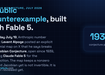 Answer card: on Sunday July 19, Anthropic number theorist Levent Alpoge posted an explicit polynomial map on X, built with Claude Fable 5, that he says is a counterexample to the Jacobian Conjecture, a problem open since 1939.
