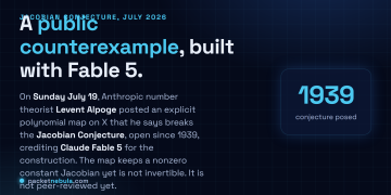 Answer card: on Sunday July 19, Anthropic number theorist Levent Alpoge posted an explicit polynomial map on X, built with Claude Fable 5, that he says is a counterexample to the Jacobian Conjecture, a problem open since 1939.