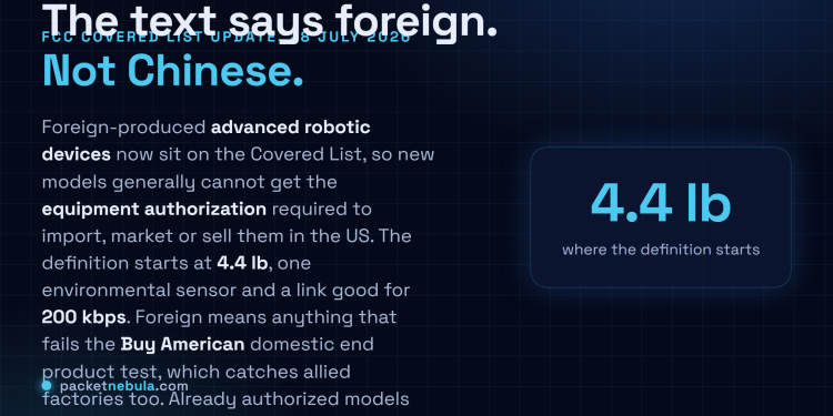 Answer card explaining that the FCC added foreign-produced advanced robotic devices to its Covered List on 28 July 2026, blocking new models from equipment authorization, with a definition starting at 4.4 pounds, one environmental sensor and a 200 kbps network link.