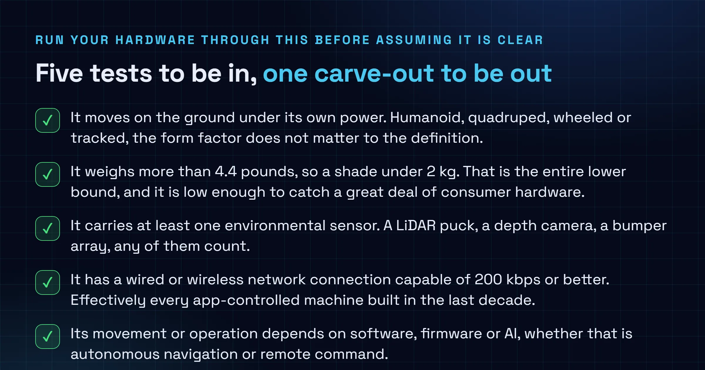 Checklist of the five criteria that put a device inside the FCC advanced robotic device definition, ground mobility, over 4.4 pounds, at least one environmental sensor, a network link of at least 200 kbps and software or AI controlling movement, alongside the carve-outs for road vehicles, rail equipment, aircraft, drones, underwater vehicles, FDA-regulated devices and stationary industrial robots.