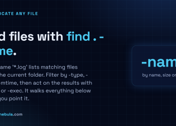 Answer card: find files on Linux with find . -name, filtering by type, size or mtime and acting with -delete.