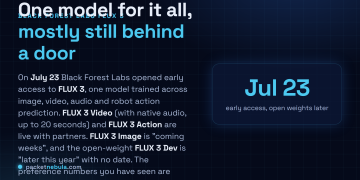 Answer card: Black Forest Labs put FLUX 3 into early access on July 23 2026, a single multimodal model for video with native audio, image editing and robot action prediction, but only Video and Action are live for partners, Image is coming weeks, and the open-weight FLUX 3 Dev lands later in 2026.