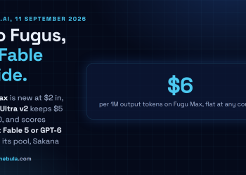 Answer card: Sakana Fugu Max at $2 and $6 per million tokens, Fugu Ultra v2 unchanged at $5 and $30, and Sakana saying Ultra v2 scores without Fable 5 or GPT-6 Astra in its pool.