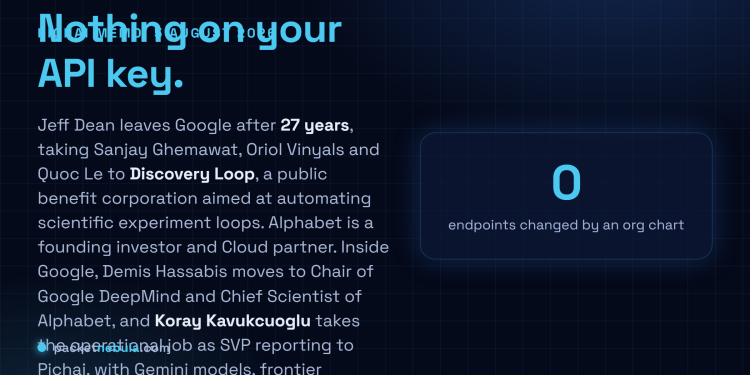 Answer card: on 5 August 2026 Demis Hassabis became Chair of Google DeepMind and Chief Scientist of Alphabet, Koray Kavukcuoglu became SVP reporting to Sundar Pichai over models and the Gemini app and developer teams, and Chief Scientist Jeff Dean left after 27 years with three colleagues to found Discovery Loop.