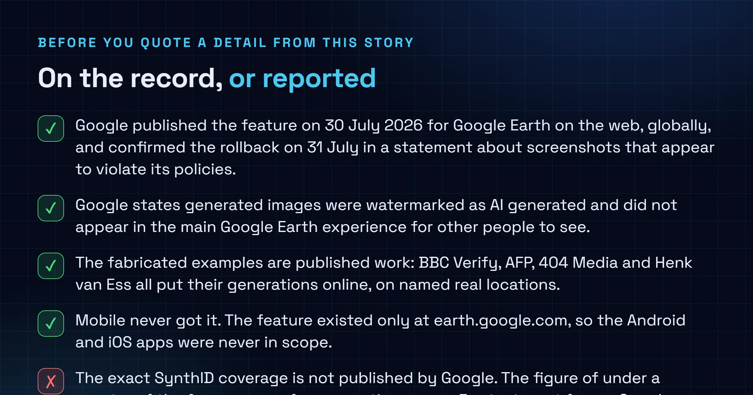Checklist separating confirmed facts about the Google Earth Nano Banana 2 rollback, including the launch and rollback dates, Google's statement and the web only availability, from what remains unverified, including the exact SynthID coverage percentage, the number of images generated, and any return date.