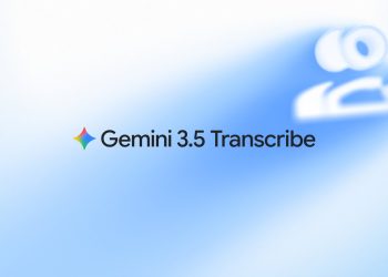 Google official announcement card for Gemini 3.5 Transcribe, the model name set in black beside the four point Gemini spark on a pale blue gradient, with a blurred white sound wave motif in the upper right corner.