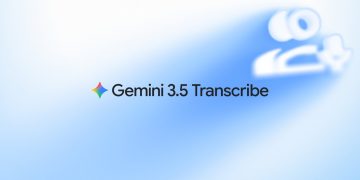 Google official announcement card for Gemini 3.5 Transcribe, the model name set in black beside the four point Gemini spark on a pale blue gradient, with a blurred white sound wave motif in the upper right corner.