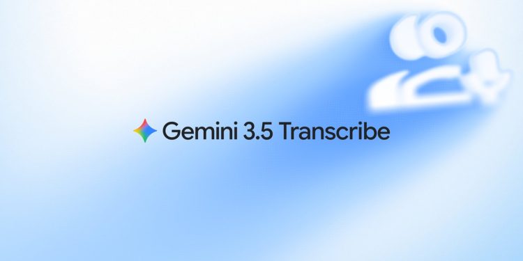 Google official announcement card for Gemini 3.5 Transcribe, the model name set in black beside the four point Gemini spark on a pale blue gradient, with a blurred white sound wave motif in the upper right corner.