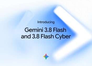 Google's official announcement image for the release, reading Introducing Gemini 3.8 Flash and 3.8 Flash Cyber in black type over a pale blue background with a blurred white chevron and the four colour Gemini spark below.