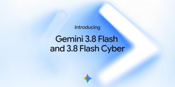 Google's official announcement image for the release, reading Introducing Gemini 3.8 Flash and 3.8 Flash Cyber in black type over a pale blue background with a blurred white chevron and the four colour Gemini spark below.