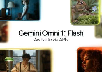 Google announcement card for Gemini Omni 1.1 Flash, the model name in black on white with the line Available via APIs beneath it, ringed by eight rounded video thumbnails including a chipmunk beside a flower, a woman in a blue lit room and a man writing at a desk by a window.