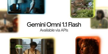 Google announcement card for Gemini Omni 1.1 Flash, the model name in black on white with the line Available via APIs beneath it, ringed by eight rounded video thumbnails including a chipmunk beside a flower, a woman in a blue lit room and a man writing at a desk by a window.