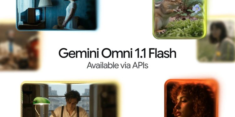 Google announcement card for Gemini Omni 1.1 Flash, the model name in black on white with the line Available via APIs beneath it, ringed by eight rounded video thumbnails including a chipmunk beside a flower, a woman in a blue lit room and a man writing at a desk by a window.