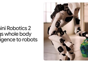 Google DeepMind announcement image for Gemini Robotics 2 showing an Apollo humanoid robot crouching to grasp a green watering can rendered with a point cloud overlay, beside the headline Gemini Robotics 2 brings whole body intelligence to robots.