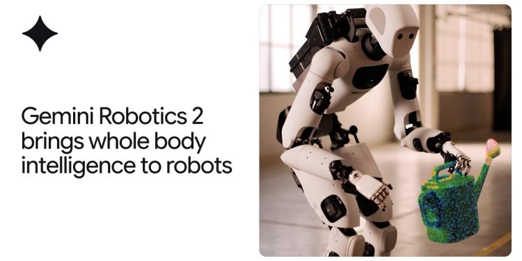 Google DeepMind announcement image for Gemini Robotics 2 showing an Apollo humanoid robot crouching to grasp a green watering can rendered with a point cloud overlay, beside the headline Gemini Robotics 2 brings whole body intelligence to robots.